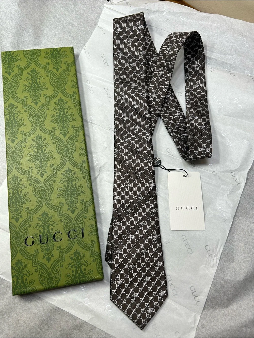 Gucci Brown GG Silk Tie with Ivory Monogram